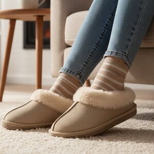 Airwalk Fur Trimmed Tan Suede Clog Style Slippers Size 6